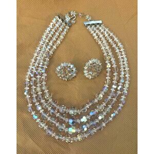 Vintage 1950s AB Crystal 4 Strand Adjust Necklace Clip Earring Set Mid Century